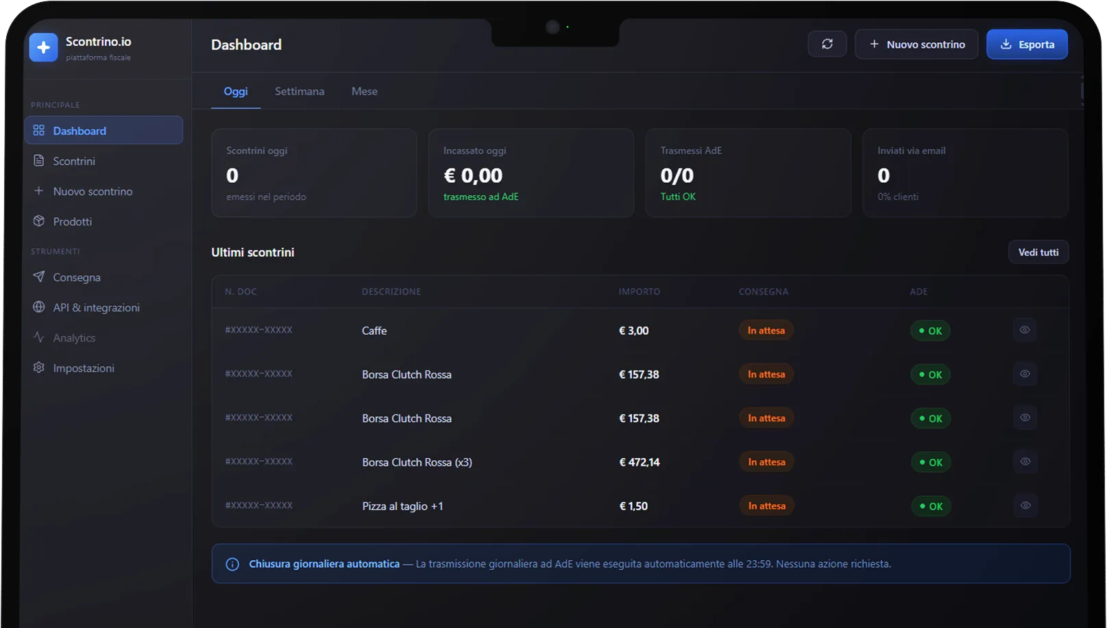 Dashboard del gestionale scontrino.io su MacBook Air